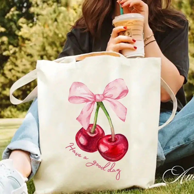 Shopper Tote Canvas - Canvas Tote Bag with Cherry Bow