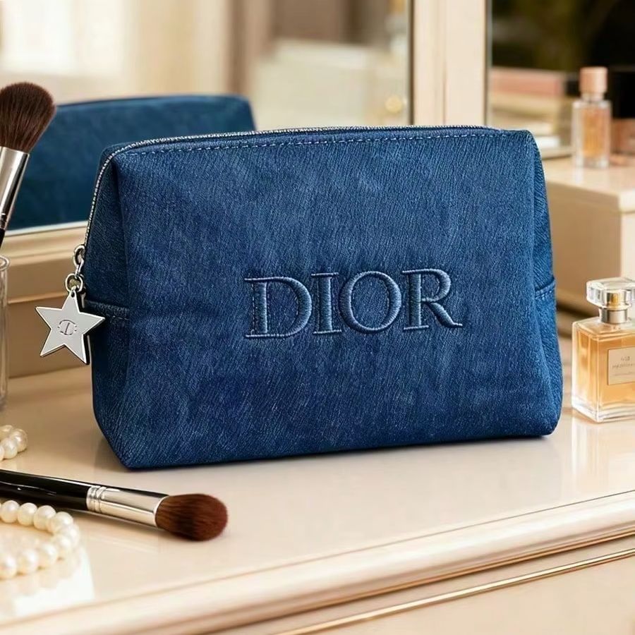 Women Bags Dior - Dior Dark Denim Embroidered Logo Cosmetic