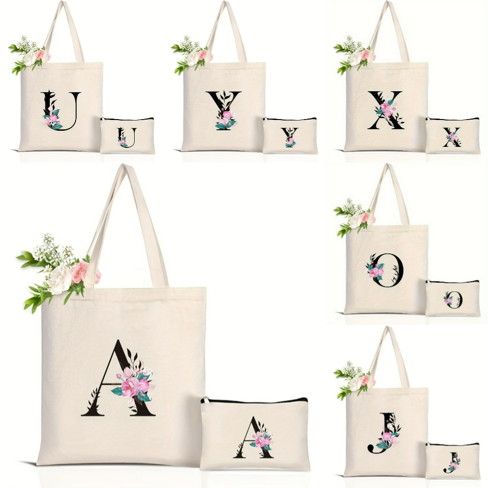 Shopper Tote Canvas - Elegant Floral Alphabet Tote Bag Reusable